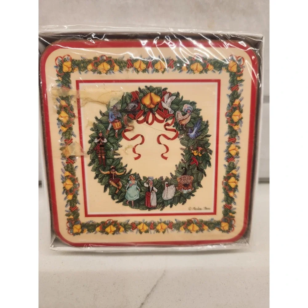 Pimpernel '12 Days of Christmas' Coasters Wreath Garland Theme Cork Box of 6 New